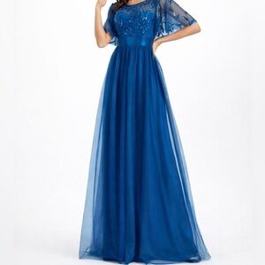 Ever Pretty Blue Sequin Tulle Empire Waist Maxi Formal Evening Dress Size 12 NEW